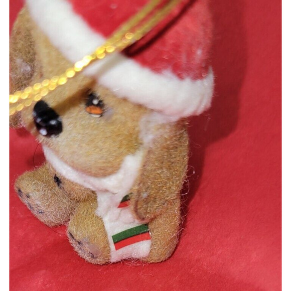Vintage Morgan Inc Duffy Brown Dog Santa Hat Scarf Flocked Christmas Ornament - Picture 3 of 5